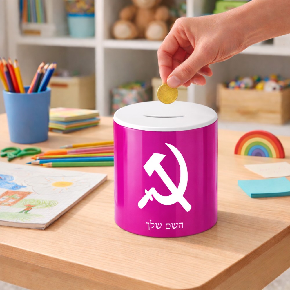 קופת צדקה \ חיסכון קרמית בעיצוב אישי עם השם שלך בעיצוב פטיש ומגל גודל הקופה 20 × 25 ס"מ