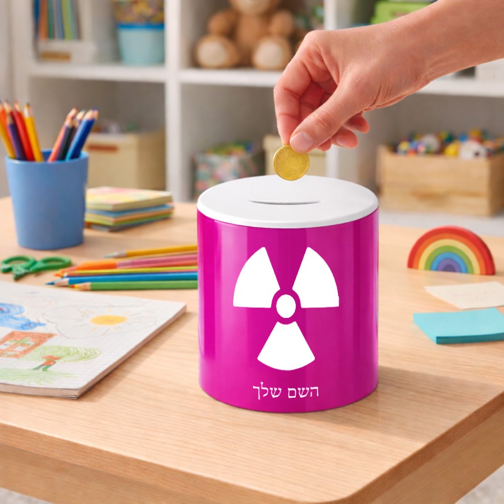 קופת צדקה \ חיסכון קרמית בעיצוב אישי עם השם שלך בעיצוב פצצת אטום גרעינית גודל הקופה 20 × 25 ס"מ