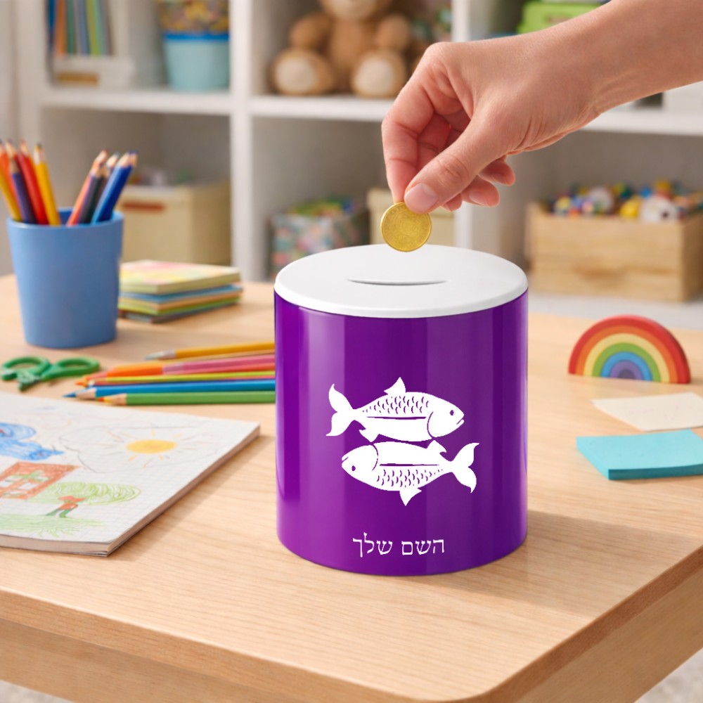 קופת צדקה \ חיסכון קרמית בעיצוב אישי עם השם שלך בעיצוב מזלות - דגים גודל הקופה 20 × 25 ס"מ