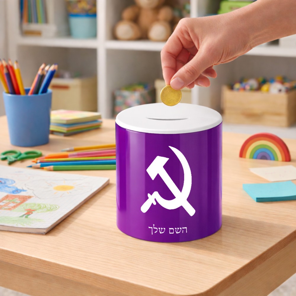 קופת צדקה \ חיסכון קרמית בעיצוב אישי עם השם שלך בעיצוב פטיש ומגל גודל הקופה 20 × 25 ס"מ