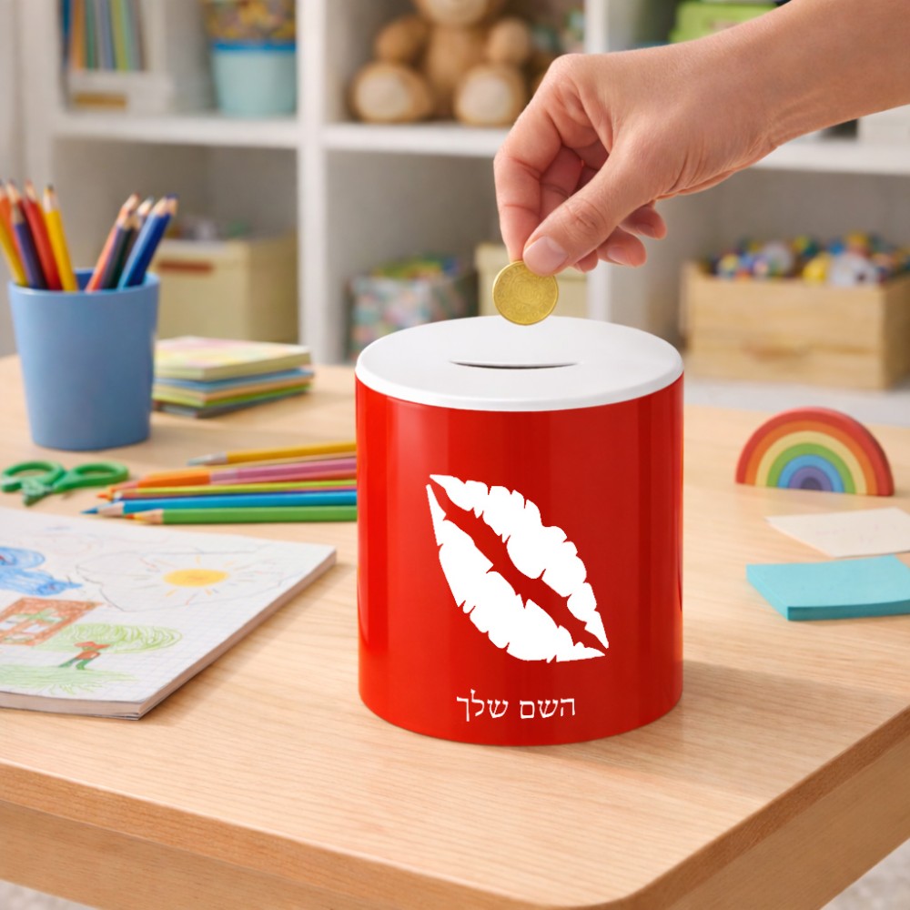 קופת צדקה \ חיסכון קרמית בעיצוב אישי עם השם שלך בעיצוב שפתיים - נשיקה גודל הקופה 20 × 25 ס"מ
