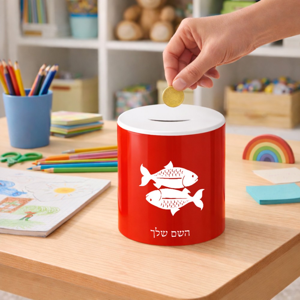 קופת צדקה \ חיסכון קרמית בעיצוב אישי עם השם שלך בעיצוב מזלות - דגים גודל הקופה 20 × 25 ס"מ