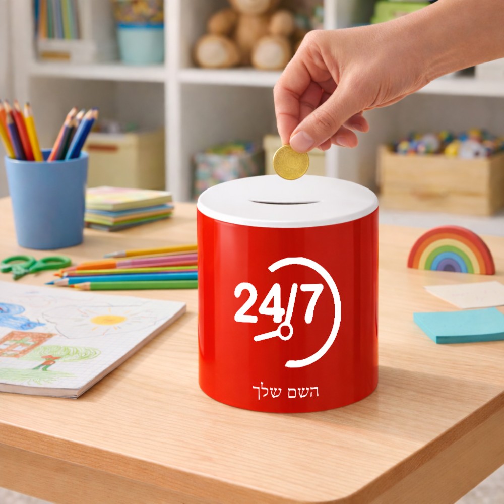 קופת צדקה \ חיסכון קרמית בעיצוב אישי עם השם שלך בעיצוב 24 ביולי גודל הקופה 20 × 25 ס"מ