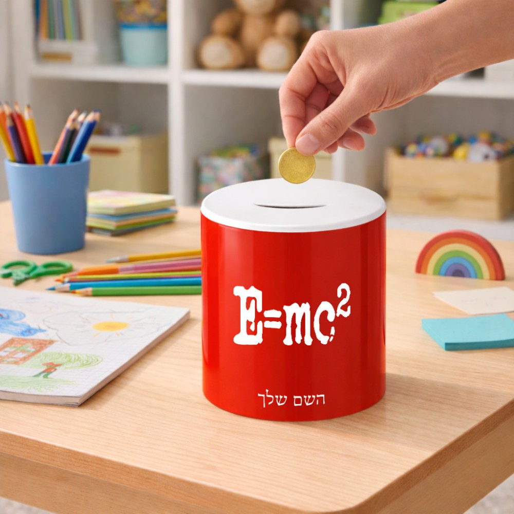 קופת צדקה \ חיסכון קרמית בעיצוב אישי עם השם שלך בעיצוב נוסחת אלברט איינשטיין גודל הקופה 20 × 25 ס"מ