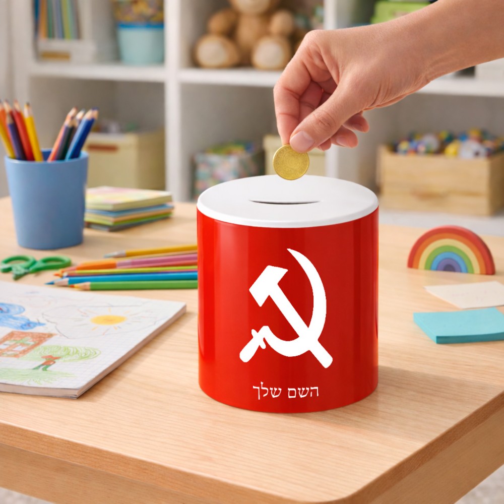 קופת צדקה \ חיסכון קרמית בעיצוב אישי עם השם שלך בעיצוב פטיש ומגל גודל הקופה 20 × 25 ס"מ