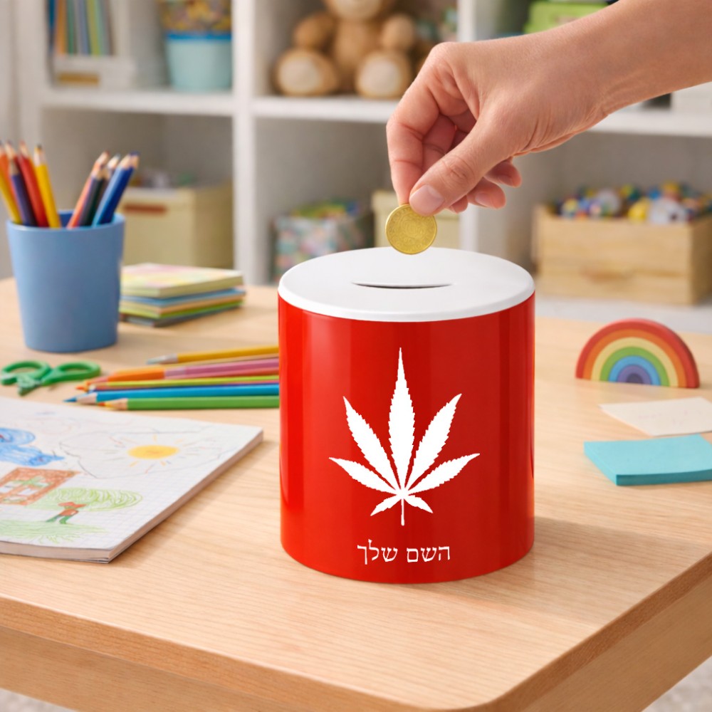 קופת צדקה \ חיסכון קרמית בעיצוב אישי עם השם שלך בעיצוב עלה מריחואנה - גראס גודל הקופה 20 × 25 ס"מ
