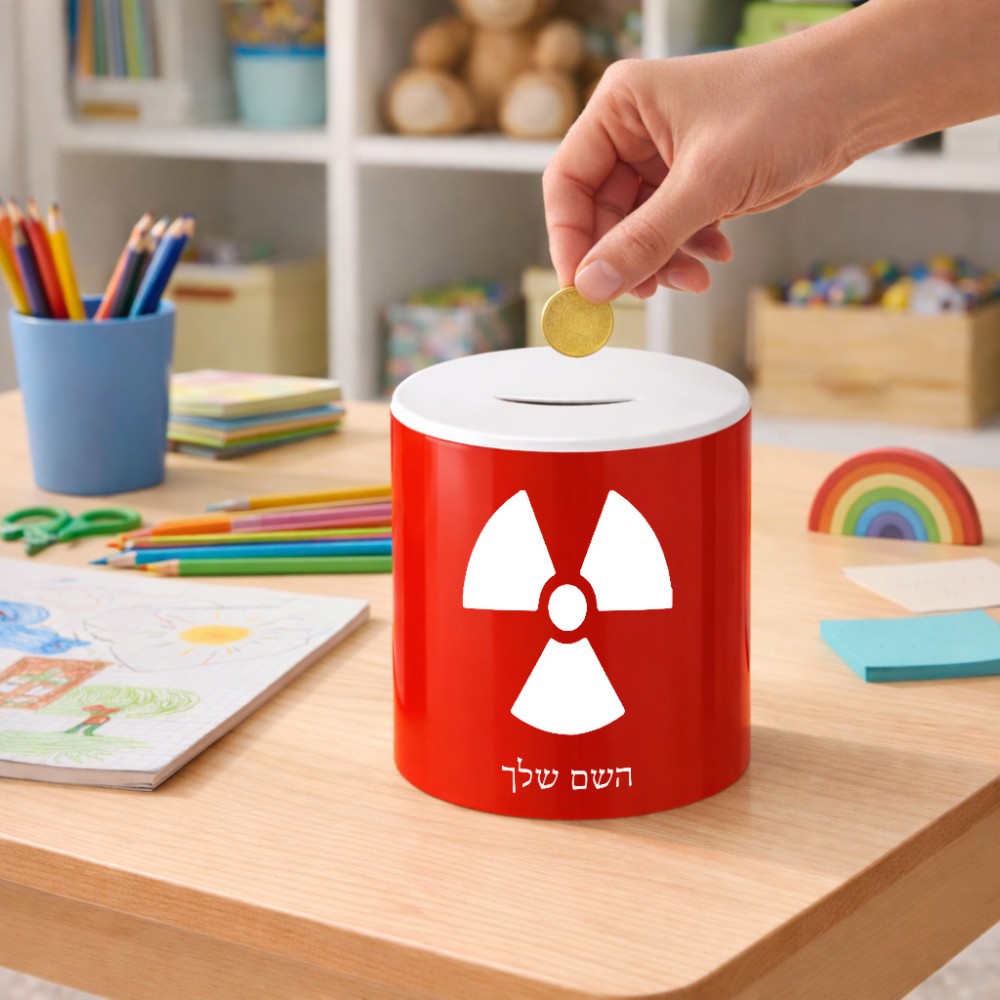 קופת צדקה \ חיסכון קרמית בעיצוב אישי עם השם שלך בעיצוב פצצת אטום גרעינית גודל הקופה 20 × 25 ס"מ