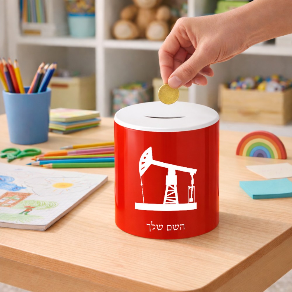 קופת צדקה \ חיסכון קרמית בעיצוב אישי עם השם שלך בעיצוב באר נפט גודל הקופה 20 × 25 ס"מ