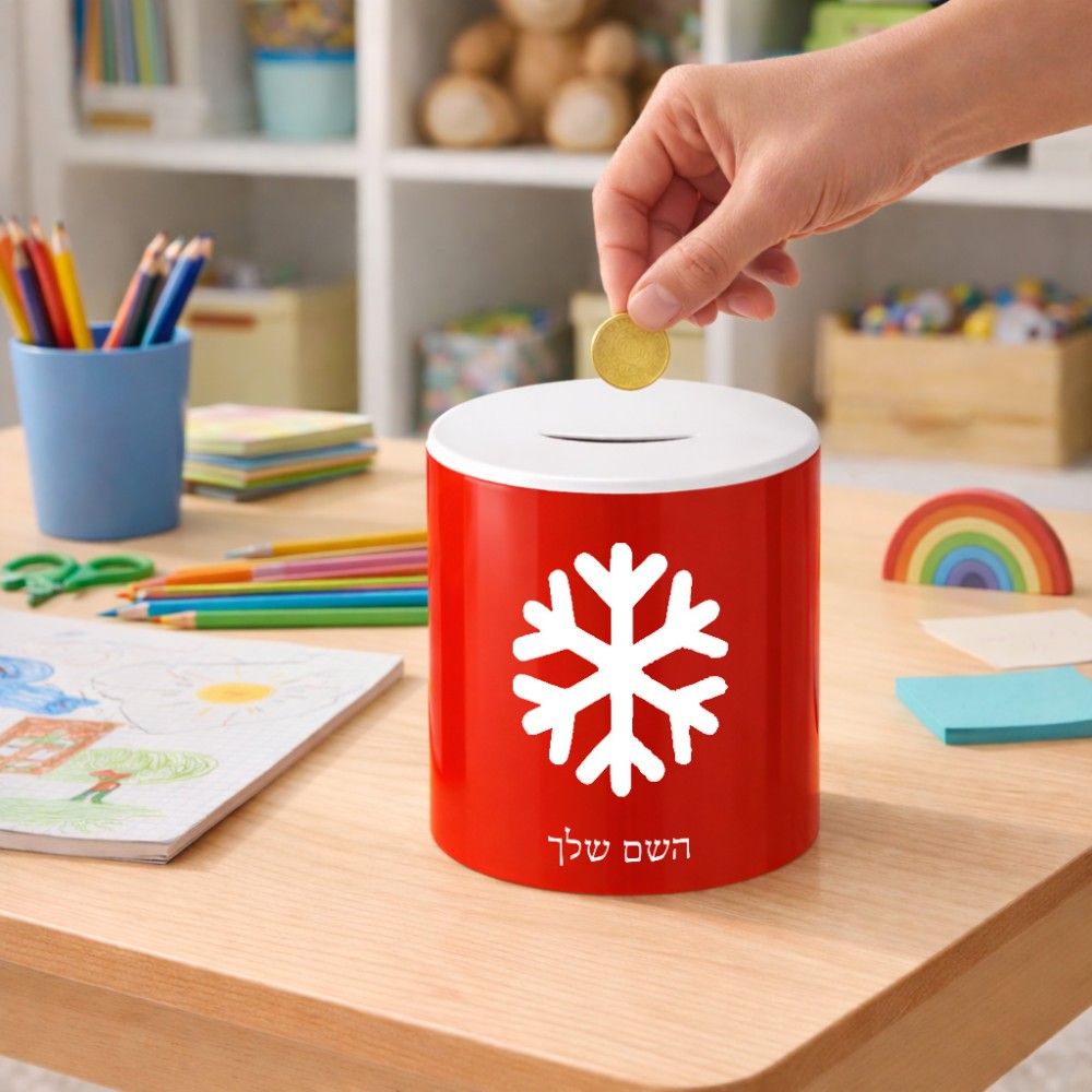 קופת צדקה \ חיסכון קרמית בעיצוב אישי עם השם שלך בעיצוב שלג גודל הקופה 20 × 25 ס"מ