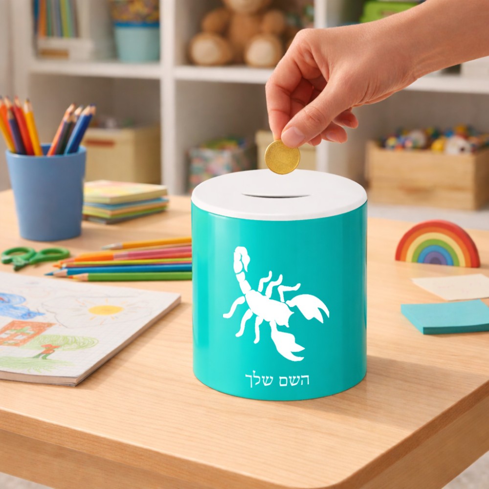קופת צדקה \ חיסכון קרמית בעיצוב אישי עם השם שלך בעיצוב עקרב גודל הקופה 20 × 25 ס"מ