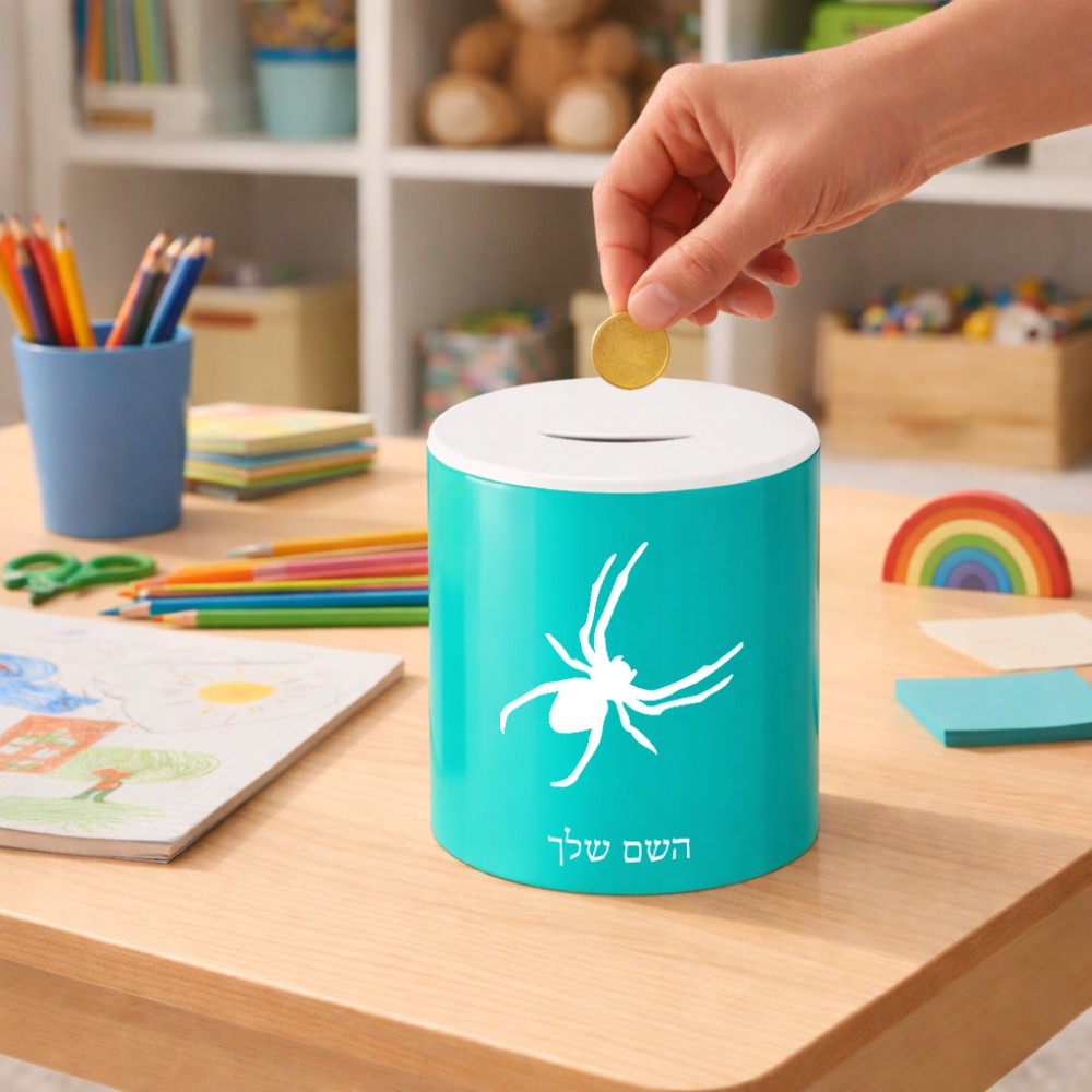 קופת צדקה \ חיסכון קרמית בעיצוב אישי עם השם שלך בעיצוב עכביש גודל הקופה 20 × 25 ס"מ
