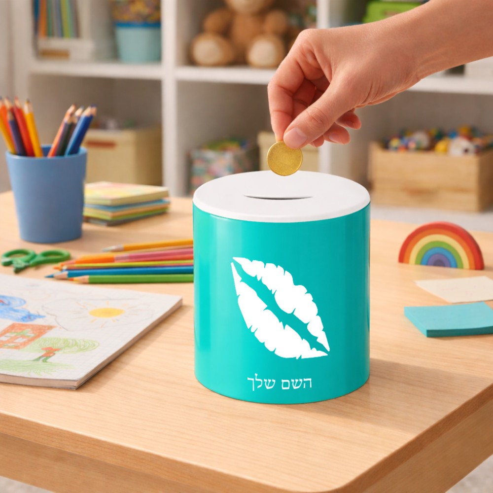 קופת צדקה \ חיסכון קרמית בעיצוב אישי עם השם שלך בעיצוב שפתיים - נשיקה גודל הקופה 20 × 25 ס"מ