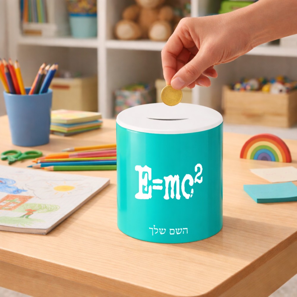 קופת צדקה \ חיסכון קרמית בעיצוב אישי עם השם שלך בעיצוב נוסחת אלברט איינשטיין גודל הקופה 20 × 25 ס"מ