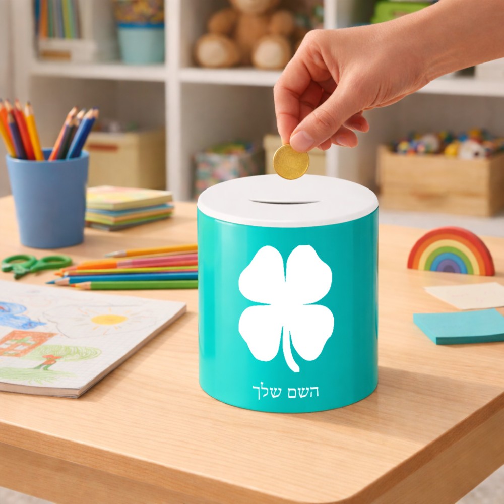 קופת צדקה \ חיסכון קרמית בעיצוב אישי עם השם שלך בעיצוב קלבר גודל הקופה 20 × 25 ס"מ