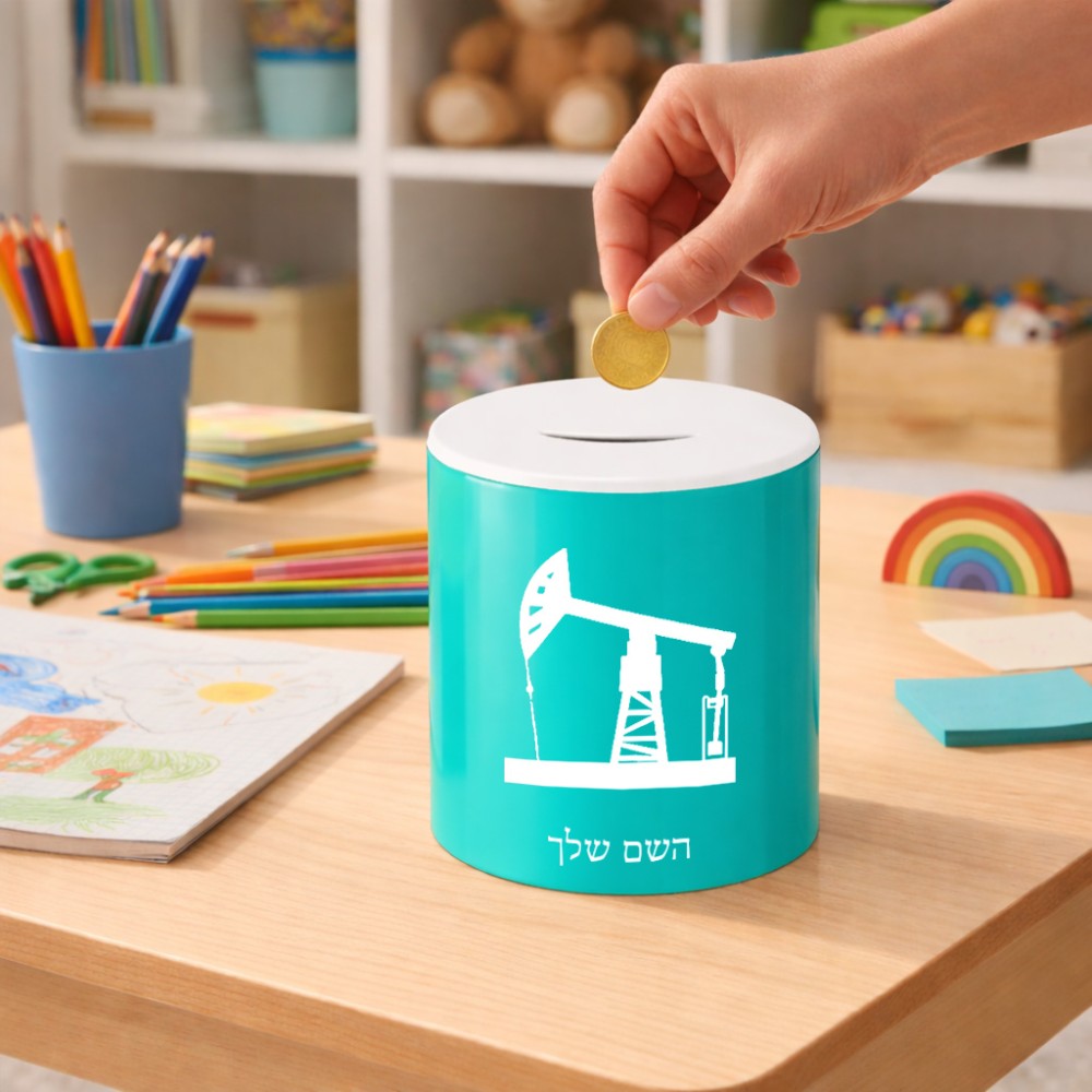 קופת צדקה \ חיסכון קרמית בעיצוב אישי עם השם שלך בעיצוב באר נפט גודל הקופה 20 × 25 ס"מ