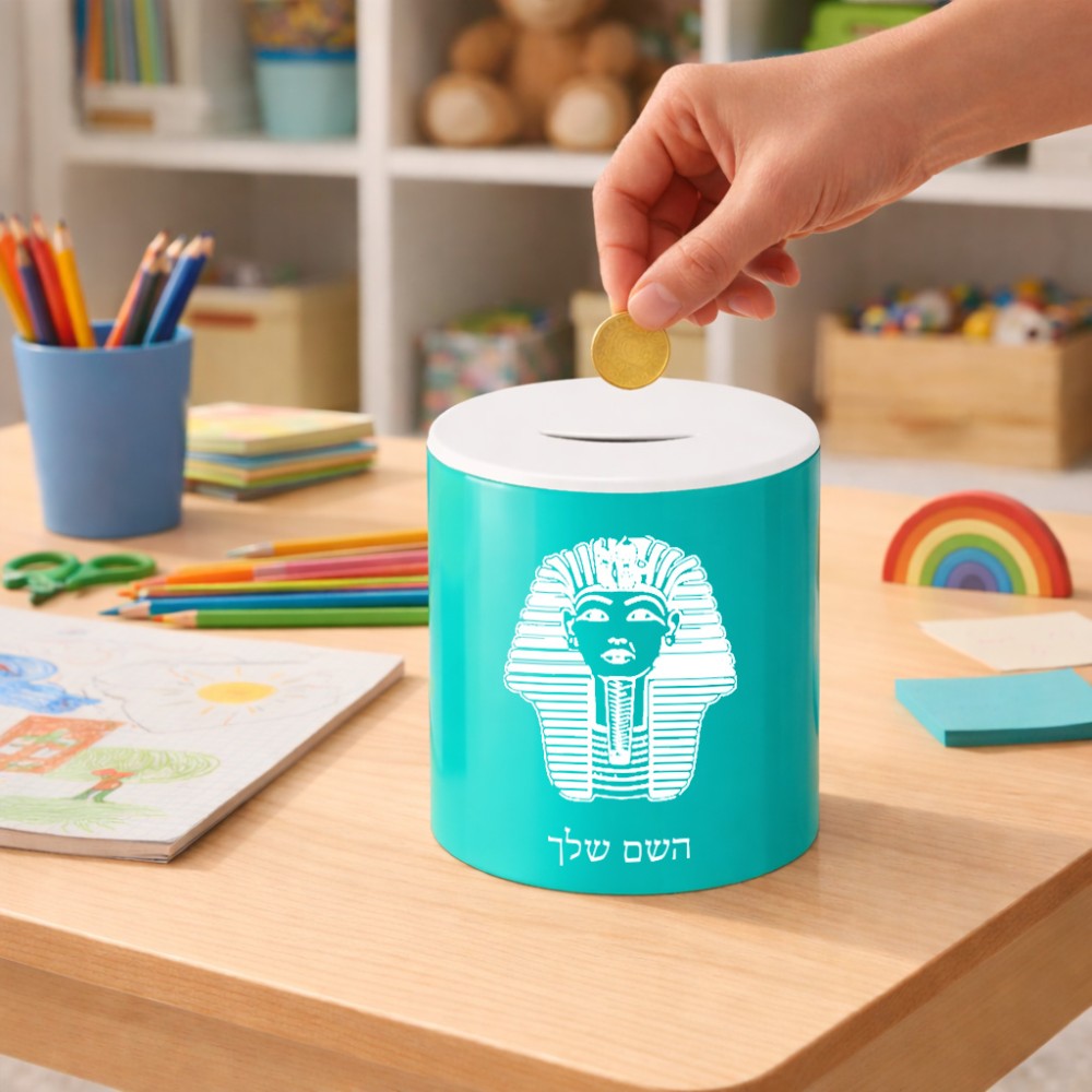 קופת צדקה \ חיסכון קרמית בעיצוב אישי עם השם שלך בעיצוב פרעה - תות ענח' אמון מצרי גודל הקופה 20 × 25 ס"מ