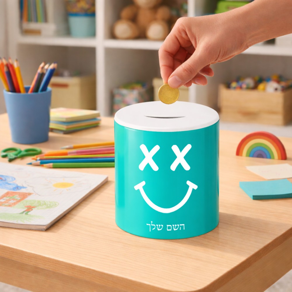 קופת צדקה \ חיסכון קרמית בעיצוב אישי עם השם שלך בעיצוב סמיילי גודל הקופה 20 × 25 ס"מ