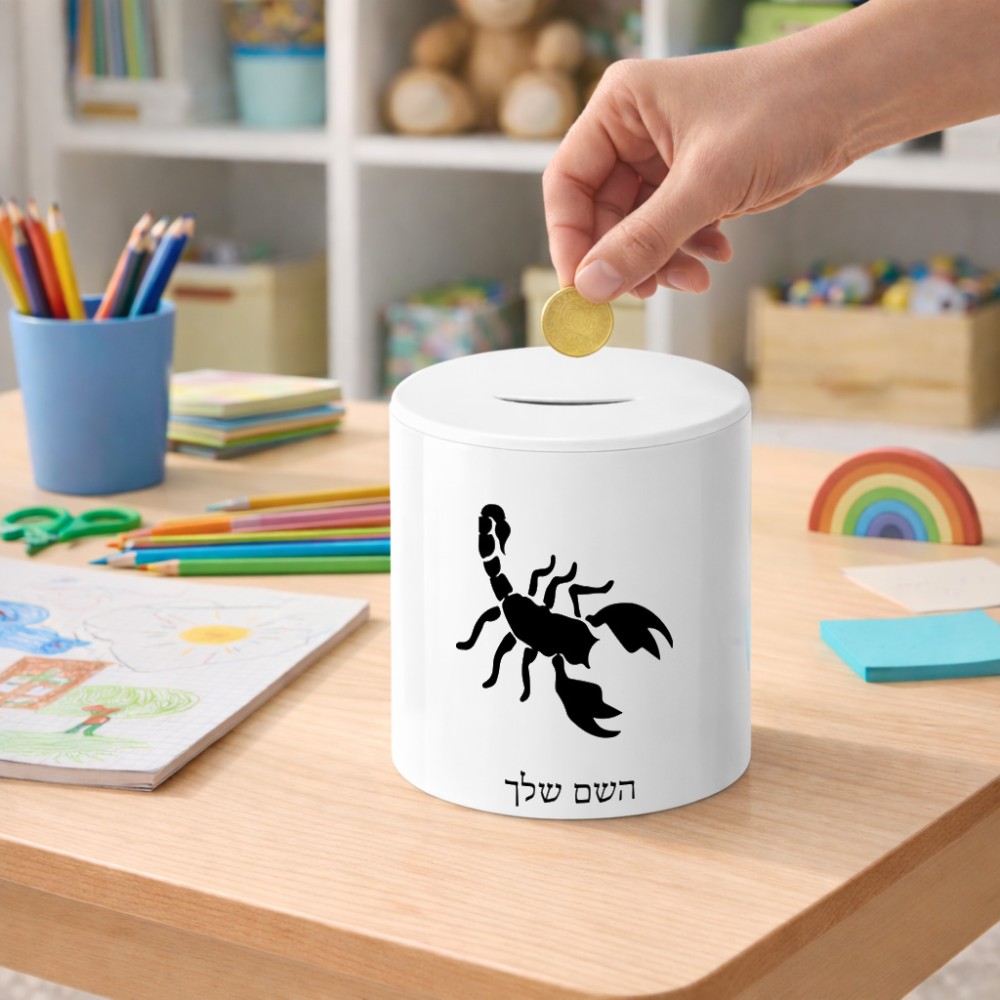 קופת צדקה \ חיסכון קרמית בעיצוב אישי עם השם שלך בעיצוב עקרב גודל הקופה 20 × 25 ס"מ
