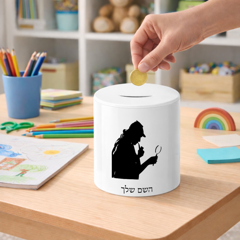 קופת צדקה \ חיסכון קרמית בעיצוב אישי עם השם שלך בעיצוב בתים של שרלוק גודל הקופה 20 × 25 ס"מ