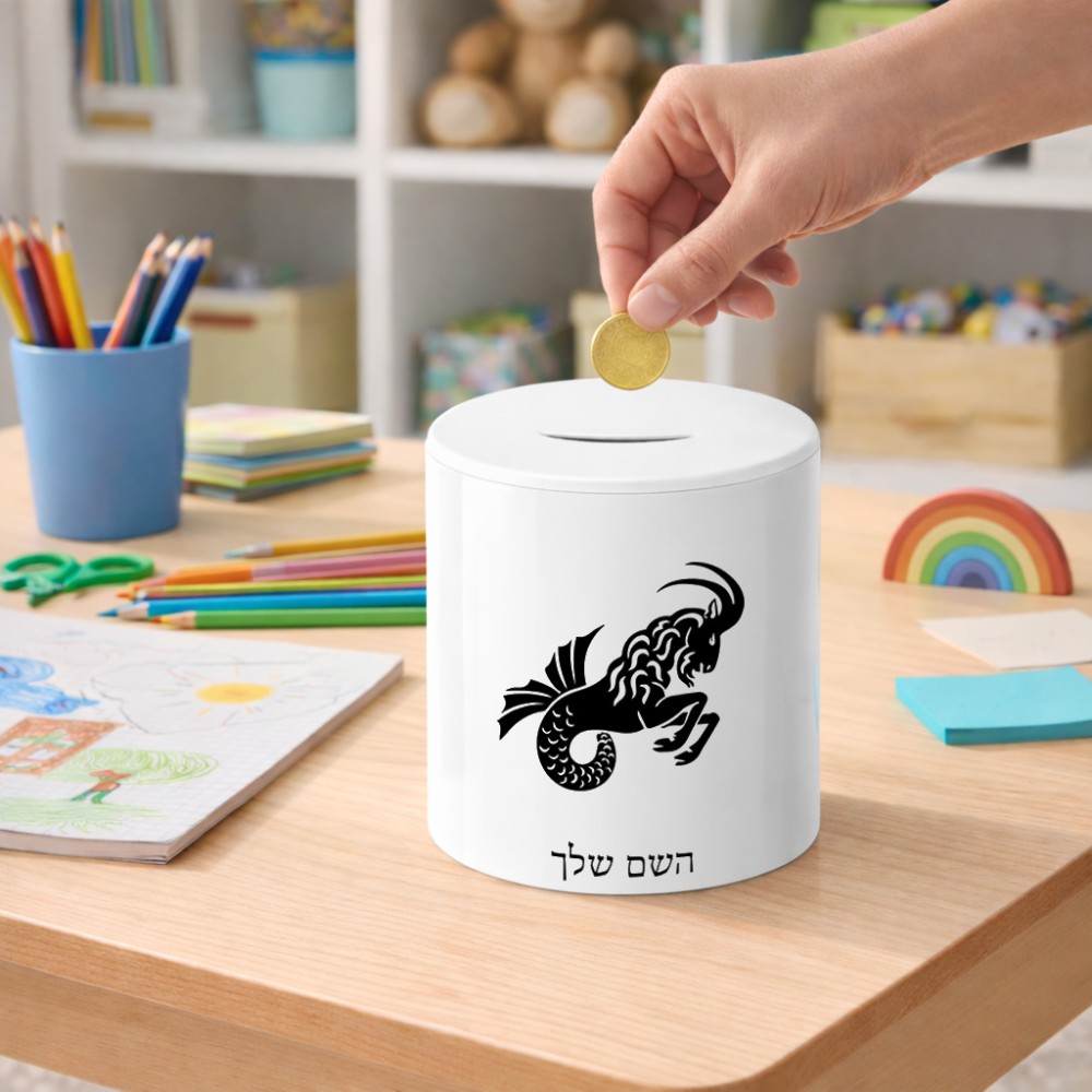 קופת צדקה \ חיסכון קרמית בעיצוב אישי עם השם שלך בעיצוב מזלות - גדי גודל הקופה 20 × 25 ס"מ