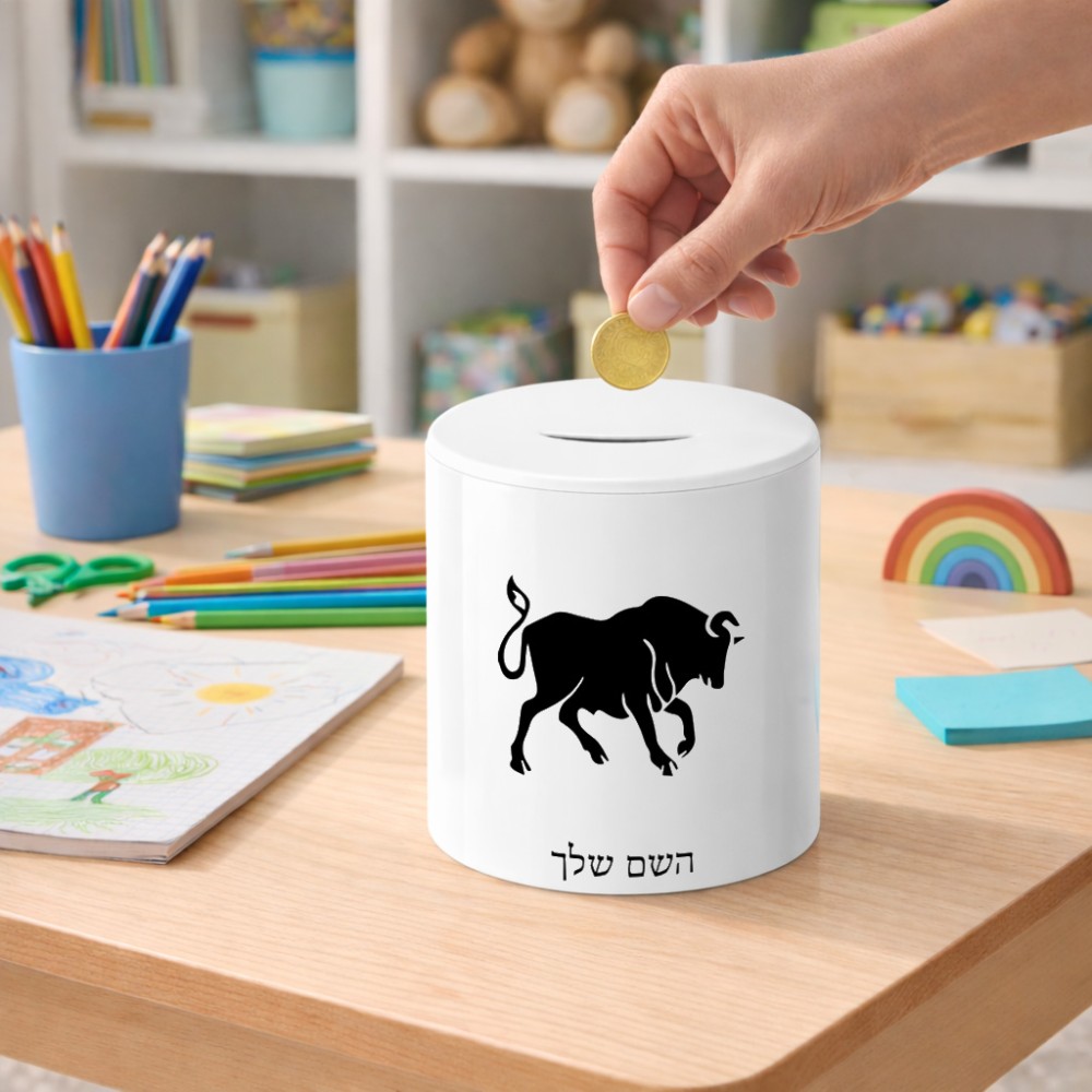 קופת צדקה \ חיסכון קרמית בעיצוב אישי עם השם שלך בעיצוב מזלות - שור גודל הקופה 20 × 25 ס"מ