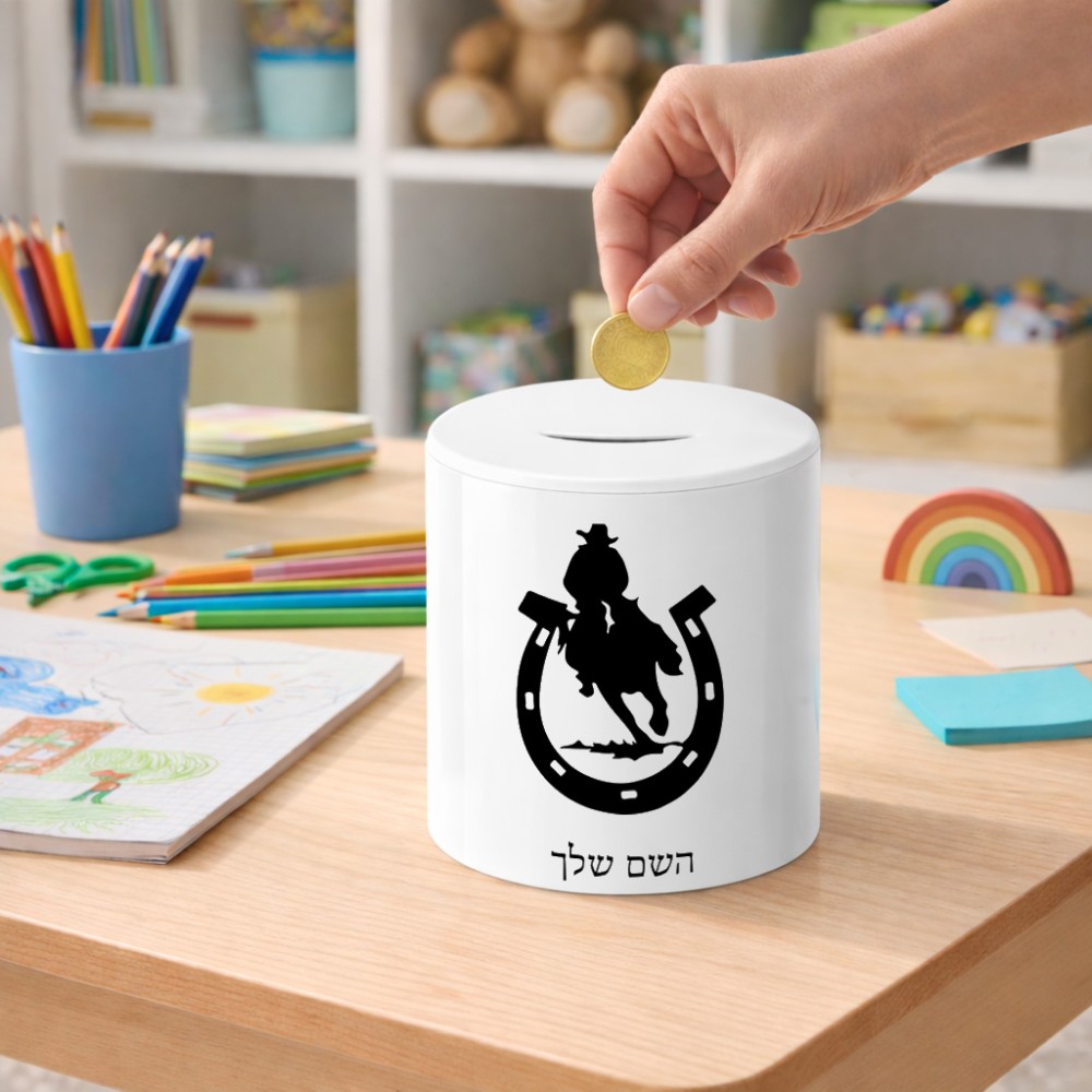 קופת צדקה \ חיסכון קרמית בעיצוב אישי עם השם שלך בעיצוב פרסה וסוס גודל הקופה 20 × 25 ס"מ