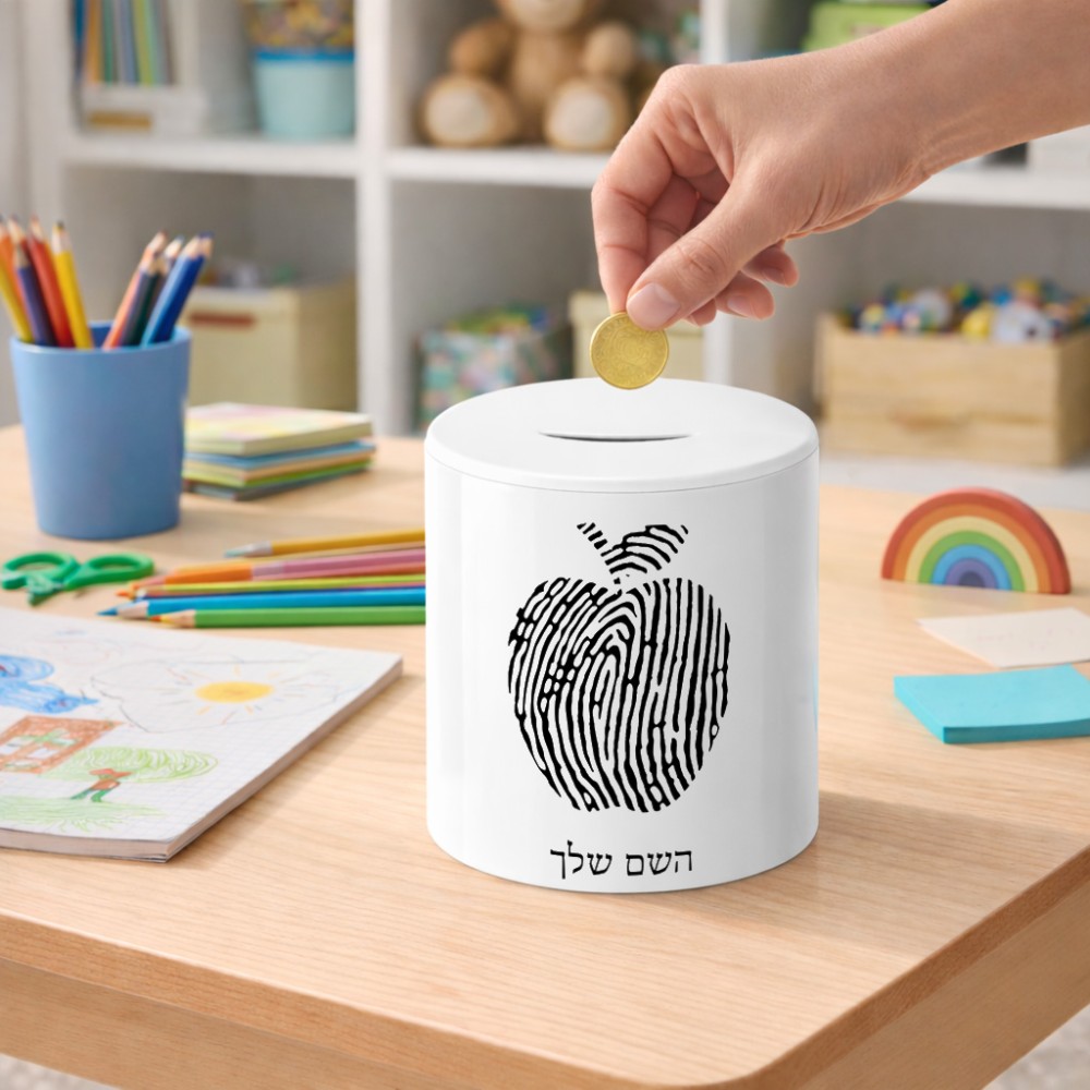 קופת צדקה \ חיסכון קרמית בעיצוב אישי עם השם שלך בעיצוב הדפס תפוח גודל הקופה 20 × 25 ס"מ