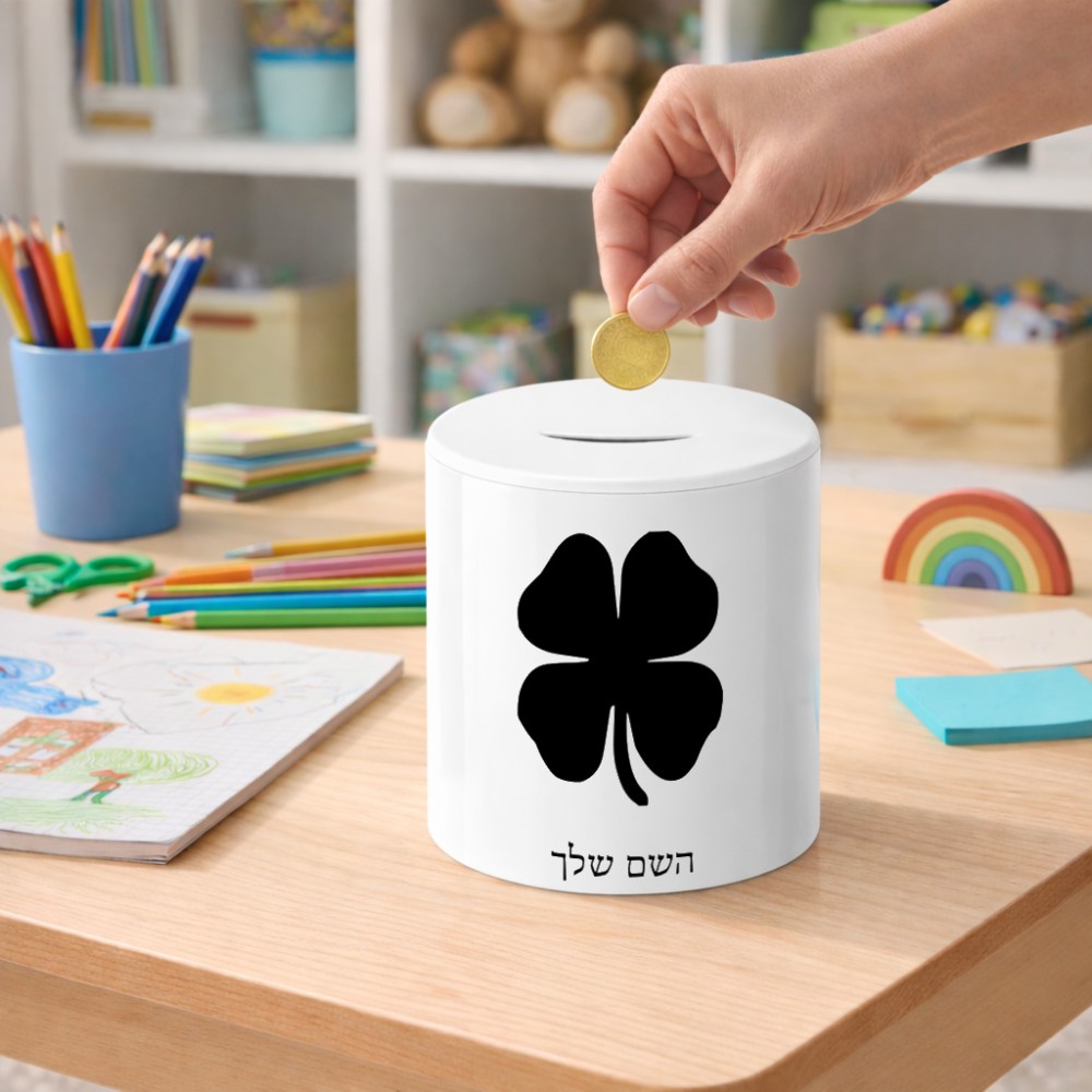 קופת צדקה \ חיסכון קרמית בעיצוב אישי עם השם שלך בעיצוב קלבר גודל הקופה 20 × 25 ס"מ