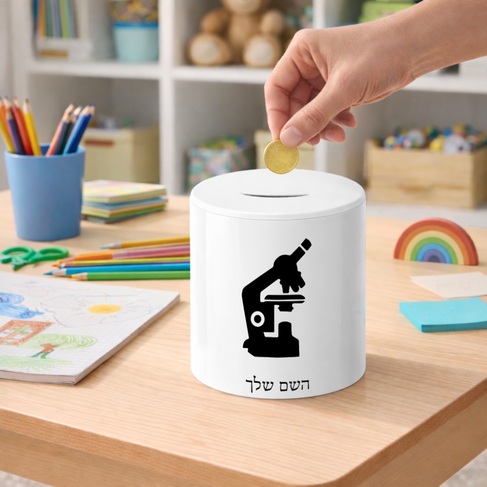 קופת צדקה \ חיסכון קרמית בעיצוב אישי עם השם שלך בעיצוב מיקרוסקופ גודל הקופה 20 × 25 ס"מ