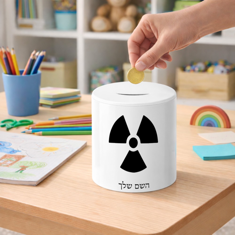 קופת צדקה \ חיסכון קרמית בעיצוב אישי עם השם שלך בעיצוב פצצת אטום גרעינית גודל הקופה 20 × 25 ס"מ