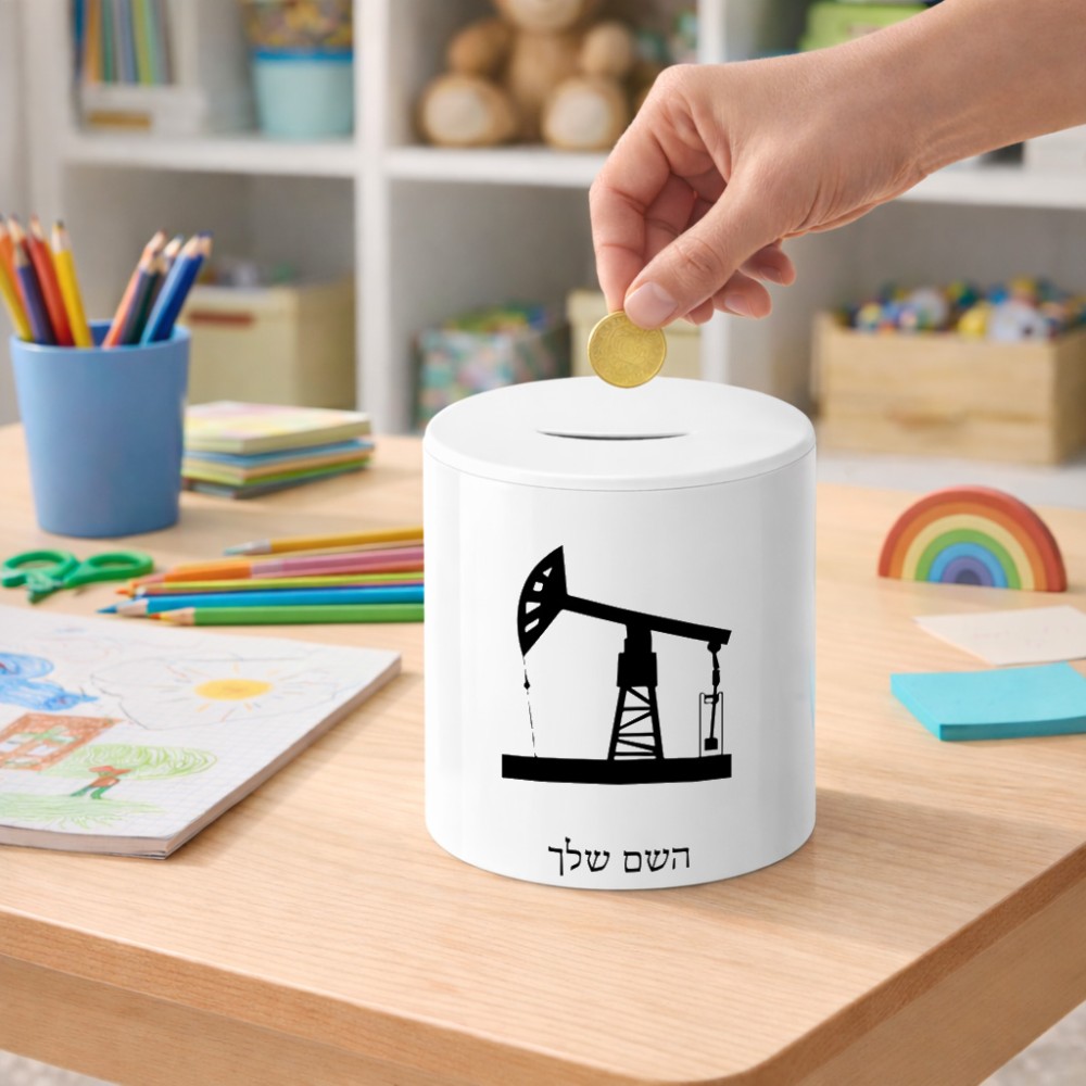 קופת צדקה \ חיסכון קרמית בעיצוב אישי עם השם שלך בעיצוב באר נפט גודל הקופה 20 × 25 ס"מ