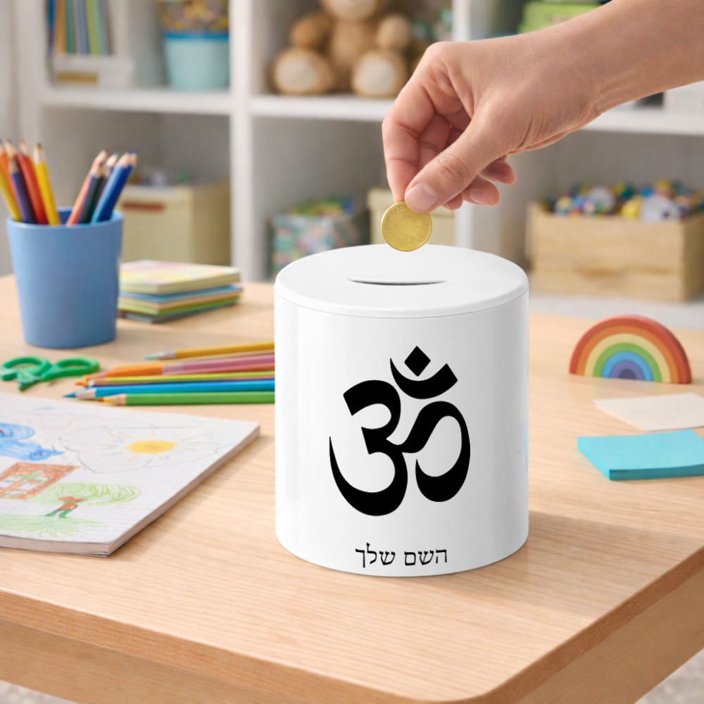 קופת צדקה \ חיסכון קרמית בעיצוב אישי עם השם שלך בעיצוב סמל אום גודל הקופה 20 × 25 ס"מ