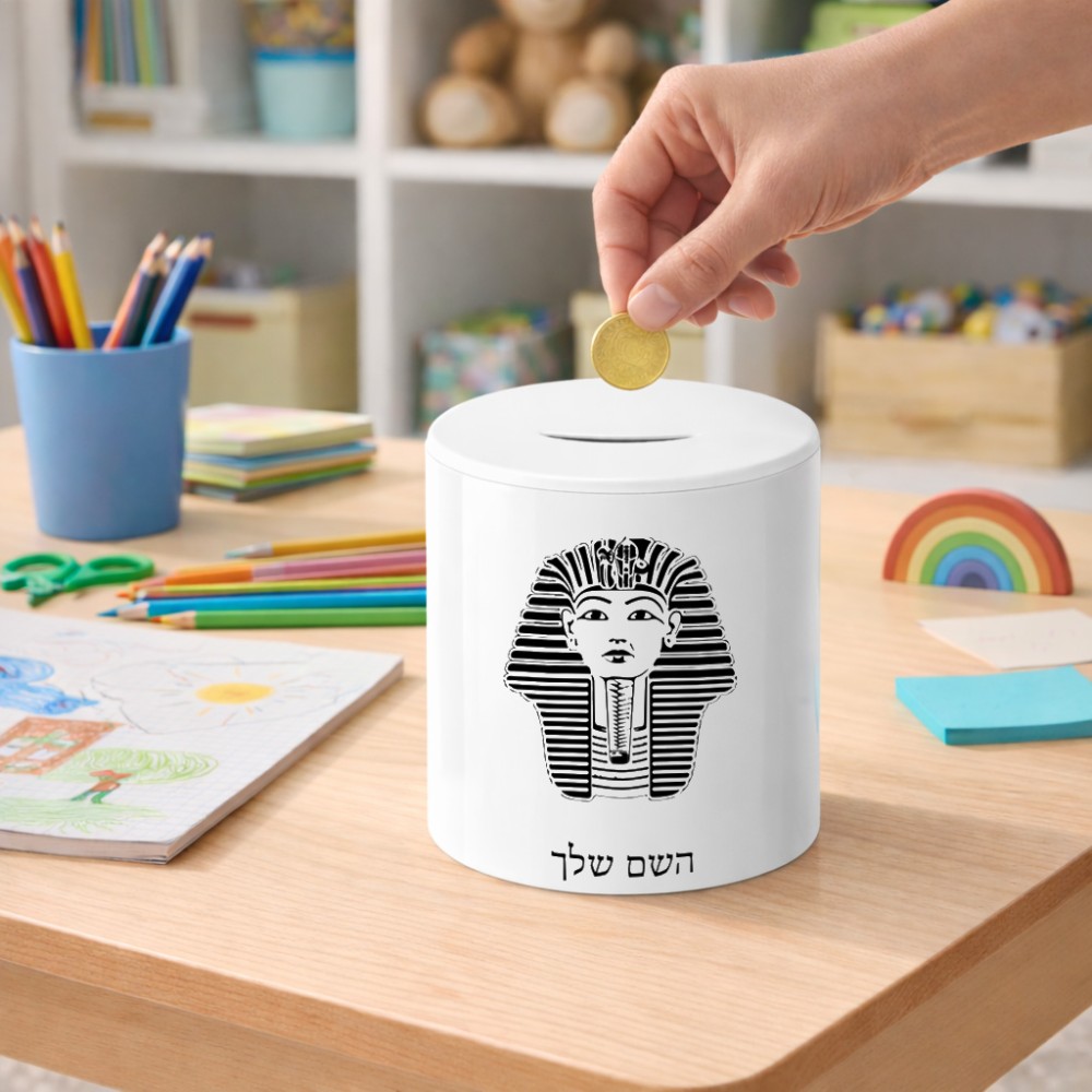 קופת צדקה \ חיסכון קרמית בעיצוב אישי עם השם שלך בעיצוב פרעה - תות ענח' אמון מצרי גודל הקופה 20 × 25 ס"מ