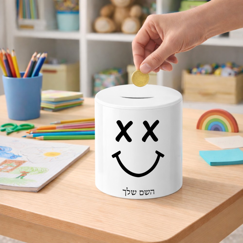 קופת צדקה \ חיסכון קרמית בעיצוב אישי עם השם שלך בעיצוב סמיילי גודל הקופה 20 × 25 ס"מ