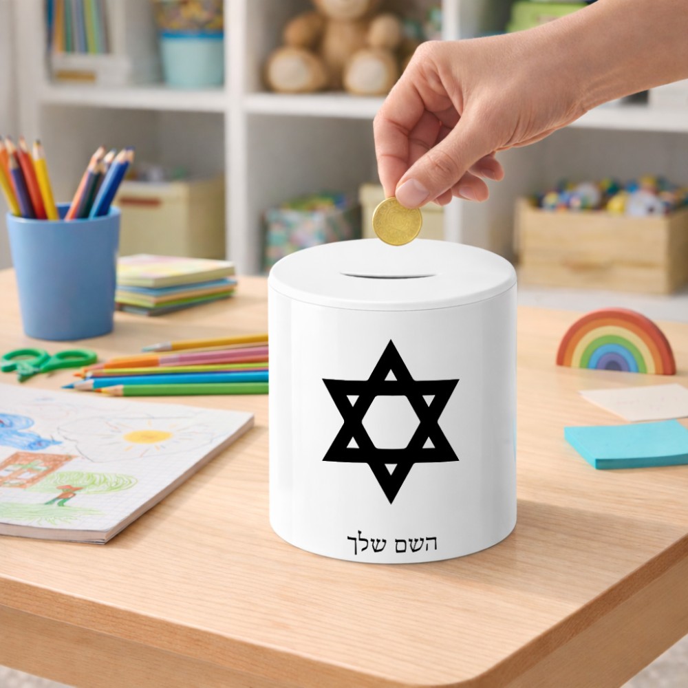 קופת צדקה \ חיסכון קרמית בעיצוב אישי עם השם שלך בעיצוב מגן דוד - מגן דוד - ישראל גודל הקופה 20 × 25 ס"מ