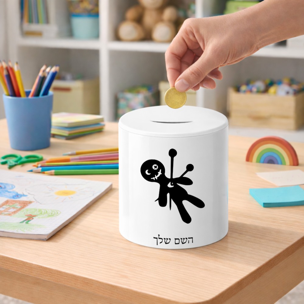 קופת צדקה \ חיסכון קרמית בעיצוב אישי עם השם שלך בעיצוב וודו גודל הקופה 20 × 25 ס"מ