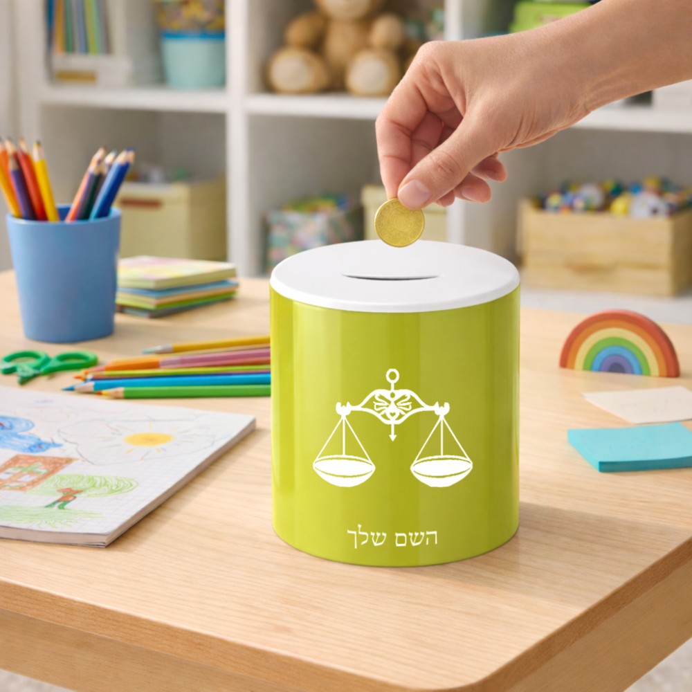 קופת צדקה \ חיסכון קרמית בעיצוב אישי עם השם שלך בעיצוב מזלות - מאזניים גודל הקופה 20 × 25 ס"מ