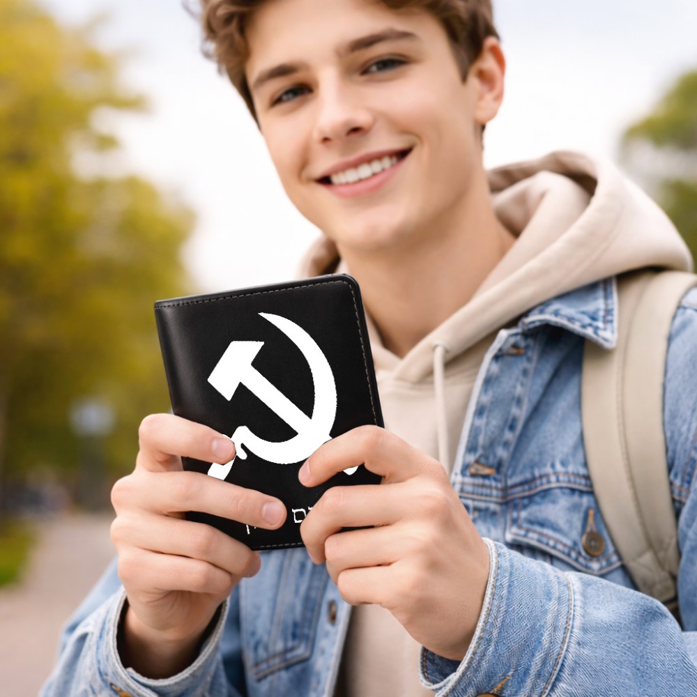 כיסוי דרכון ת.ז ארנק צבע פנימי ורוד בעיצוב אישי עם השם שלך בעיצוב פטיש ומגל גודל 10 × 14.4 ס"מ