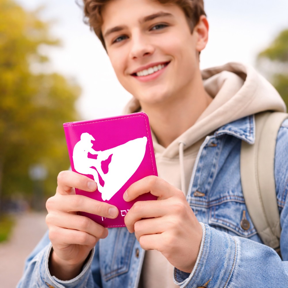 כיסוי דרכון ת.ז ארנק צבע פנימי ורוד בעיצוב אישי עם השם שלך בעיצוב אופנוע ים גודל 10 × 14.4 ס"מ