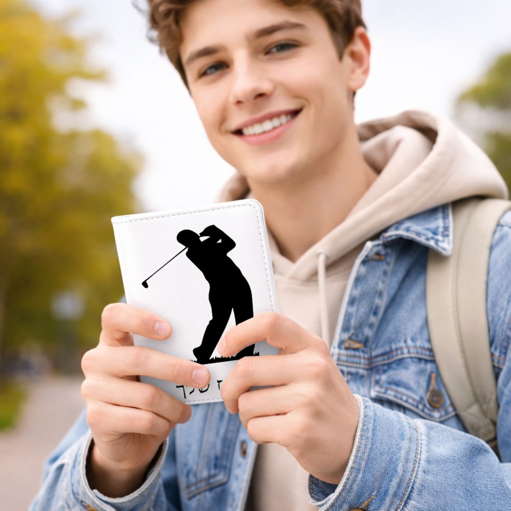כיסוי דרכון ת.ז ארנק צבע פנימי ורוד בעיצוב אישי עם השם שלך בעיצוב שחקן גולף גודל 10 × 14.4 ס"מ