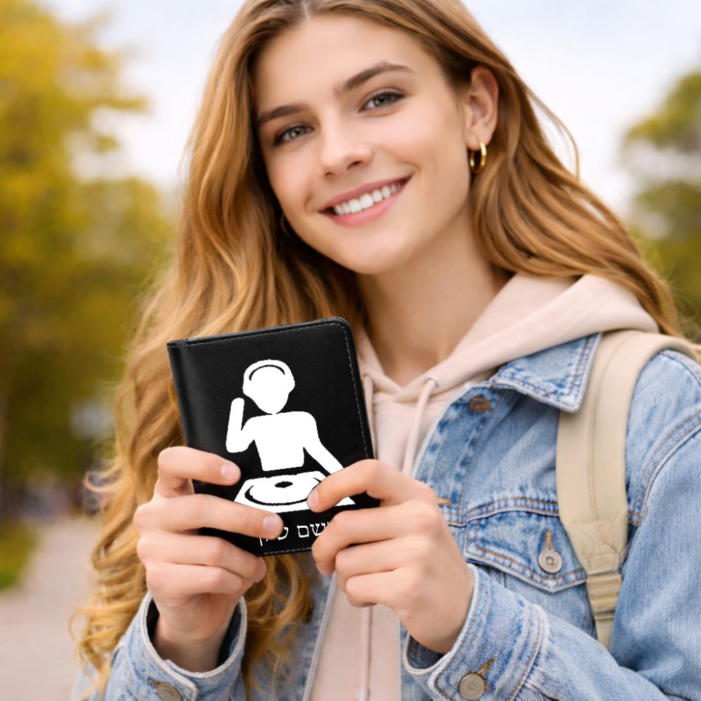 כיסוי דרכון ת.ז ארנק צבע פנימי ורוד בעיצוב אישי עם השם שלך בעיצוב אזור מוזיקה של די ג'יי גודל 10 × 14.4 ס"מ