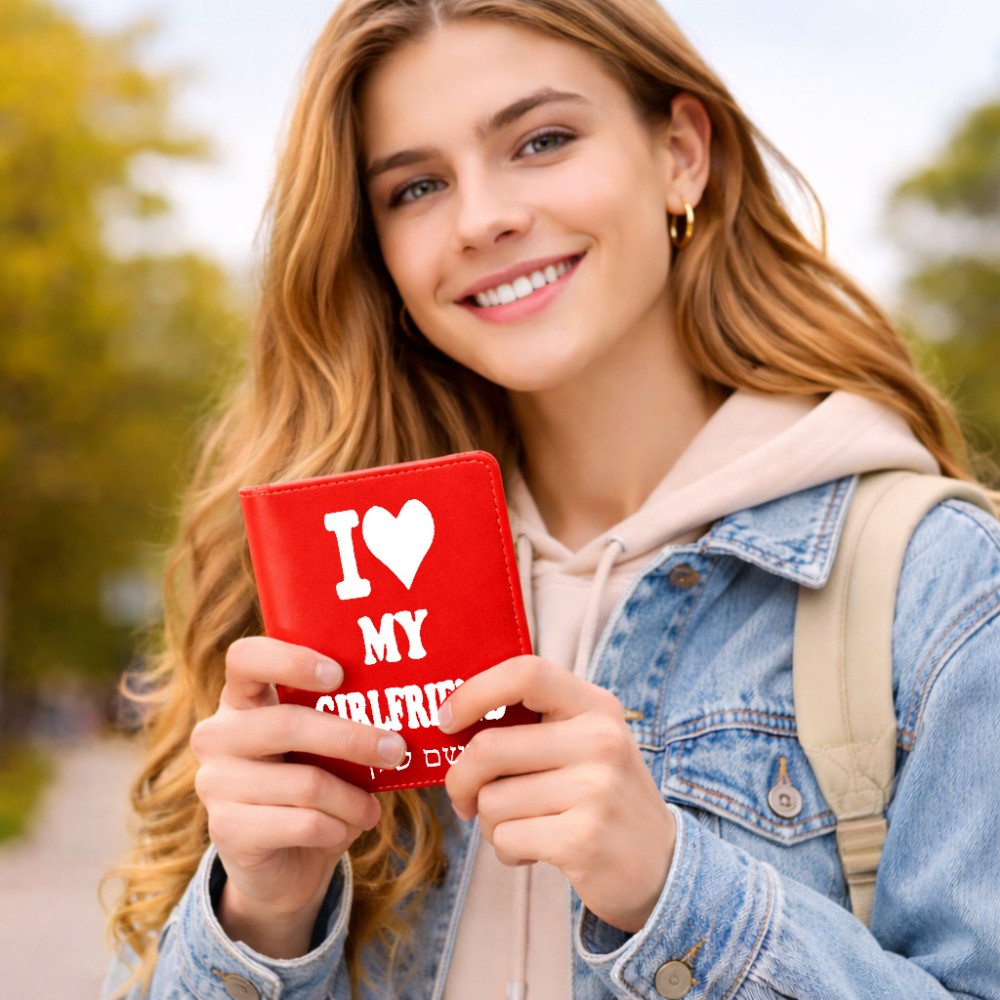 כיסוי דרכון ת.ז ארנק צבע פנימי ורוד בעיצוב אישי עם השם שלך בעיצוב אוהב את החברה שלי גודל 10 × 14.4 ס"מ