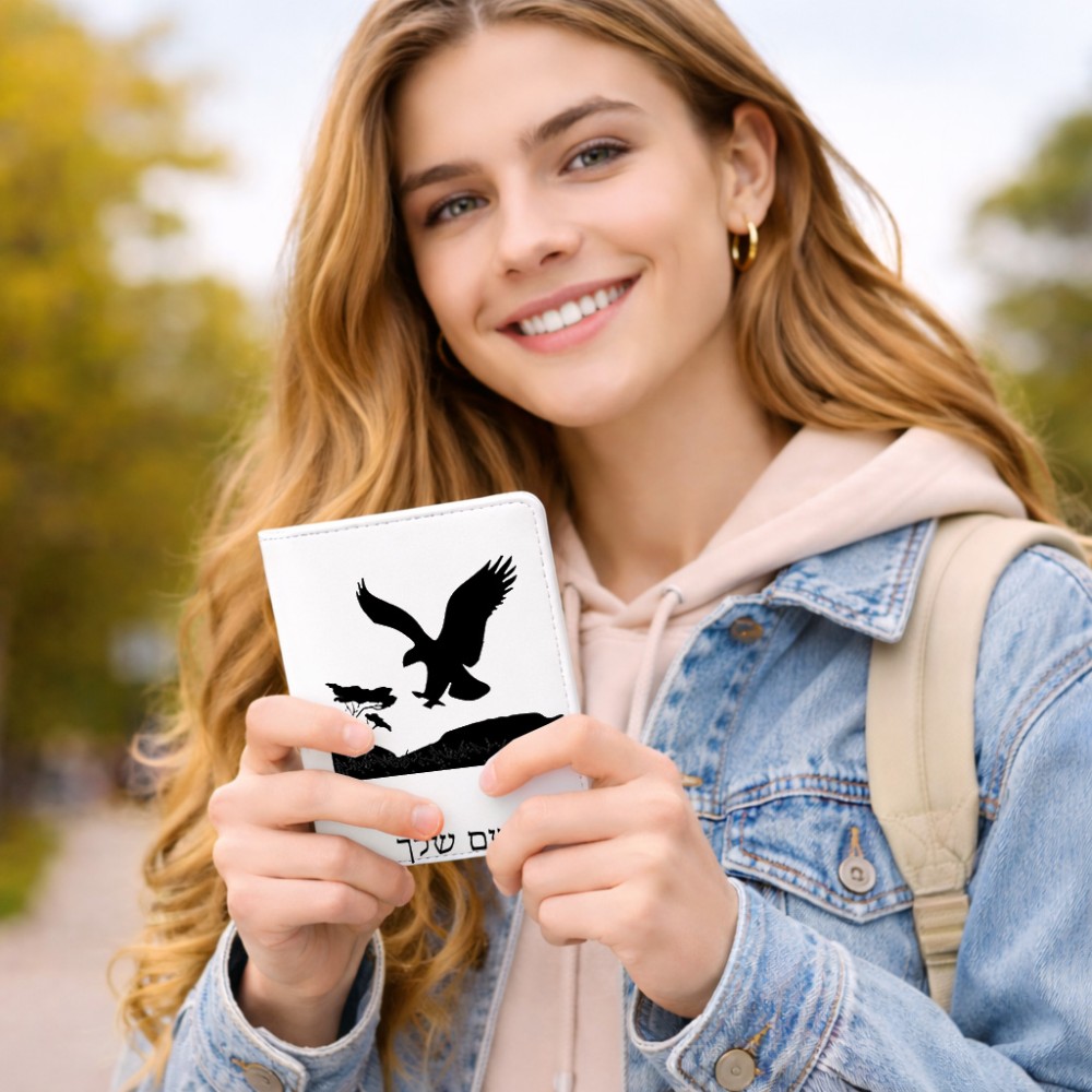 כיסוי דרכון ת.ז ארנק צבע פנימי ורוד בעיצוב אישי עם השם שלך בעיצוב נשר אמריקאי גודל 10 × 14.4 ס"מ
