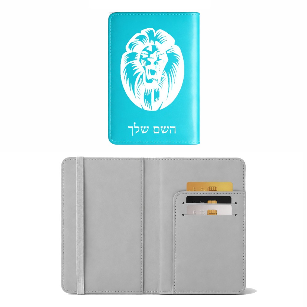 כיסוי דרכון ת.ז ארנק צבע פנימי אפור בעיצוב אישי עם השם שלך בעיצוב פני אריה גודל 10 × 14.4 ס"מ