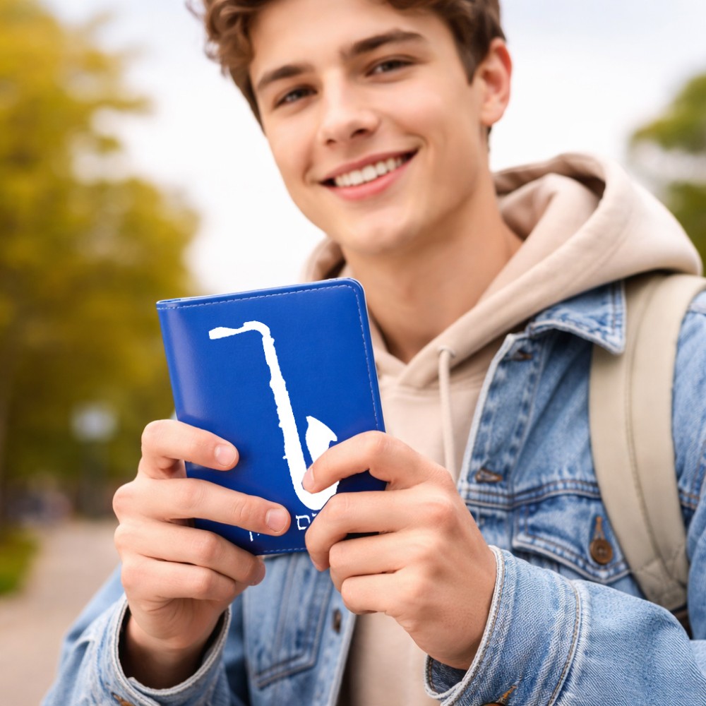 כיסוי דרכון ת.ז ארנק צבע פנימי אפור בעיצוב אישי עם השם שלך בעיצוב סקסופון גודל 10 × 14.4 ס"מ