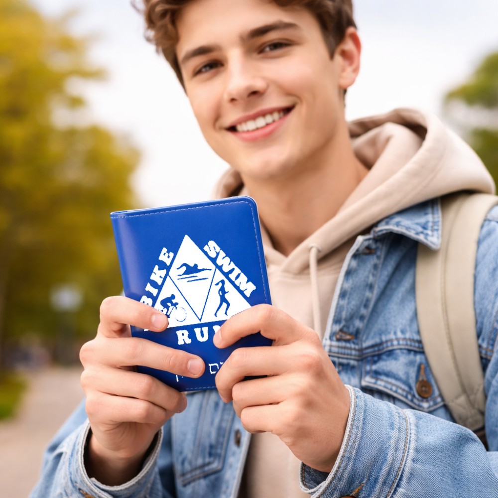 כיסוי דרכון ת.ז ארנק צבע פנימי אפור בעיצוב אישי עם השם שלך בעיצוב טריאתלון גודל 10 × 14.4 ס"מ