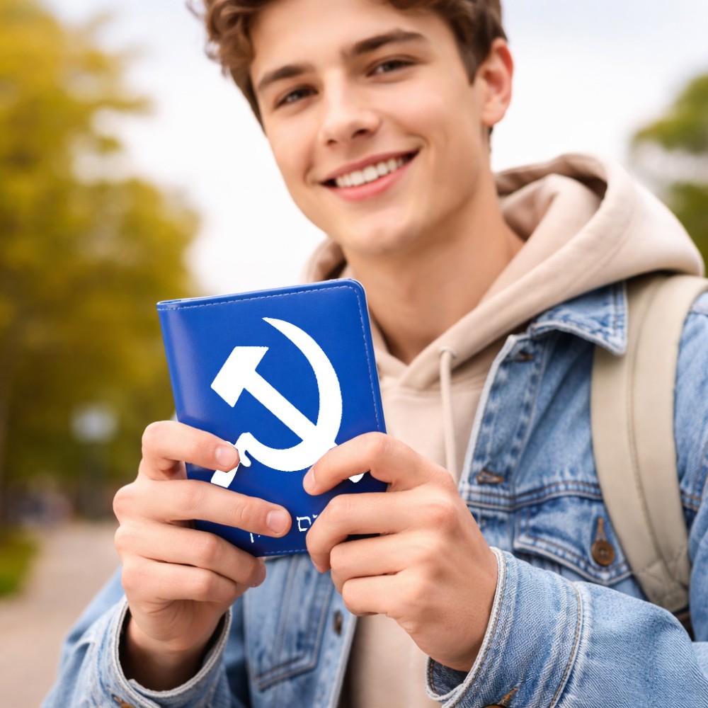 כיסוי דרכון ת.ז ארנק צבע פנימי אפור בעיצוב אישי עם השם שלך בעיצוב פטיש ומגל גודל 10 × 14.4 ס"מ