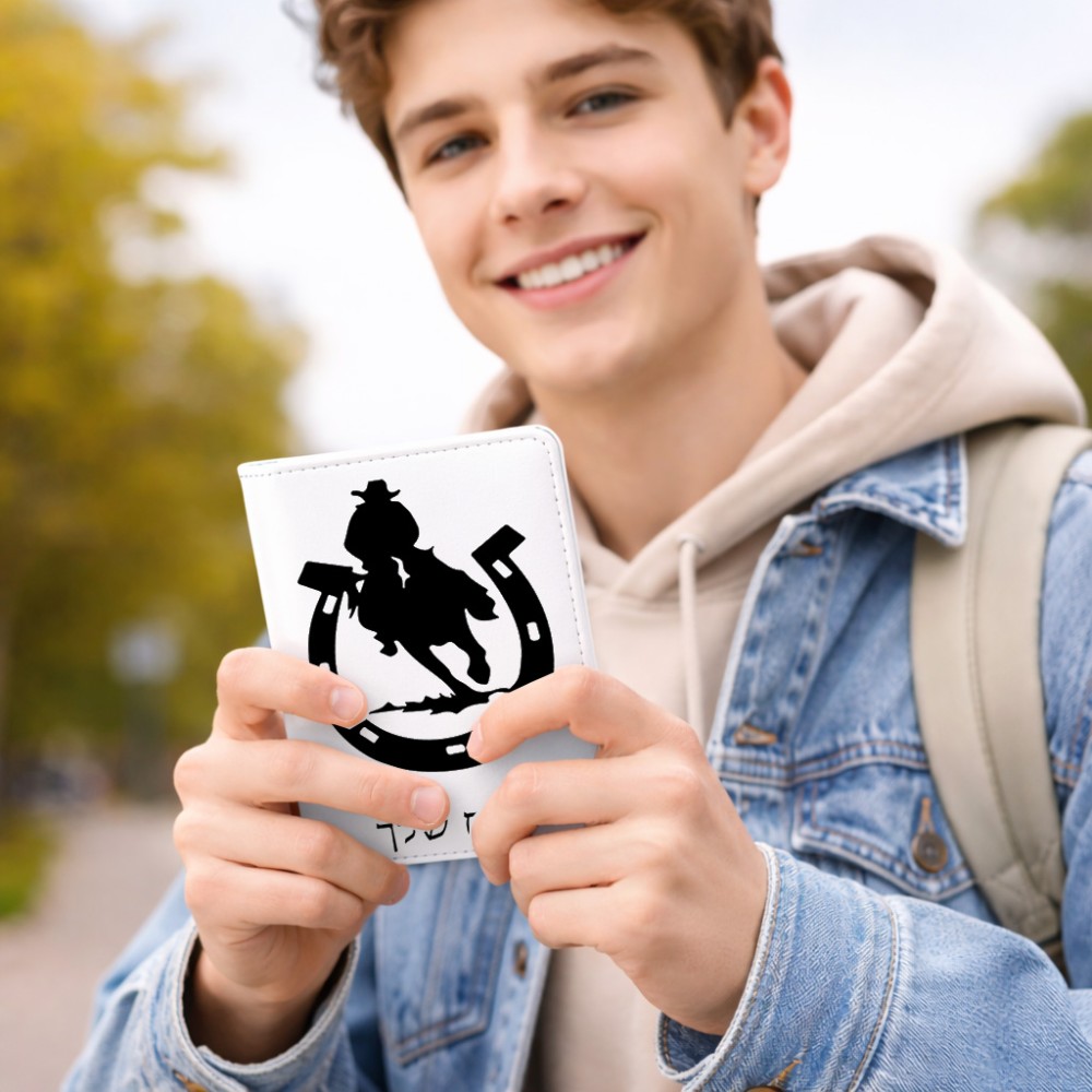 כיסוי דרכון ת.ז ארנק צבע פנימי אפור בעיצוב אישי עם השם שלך בעיצוב פרסה וסוס גודל 10 × 14.4 ס"מ