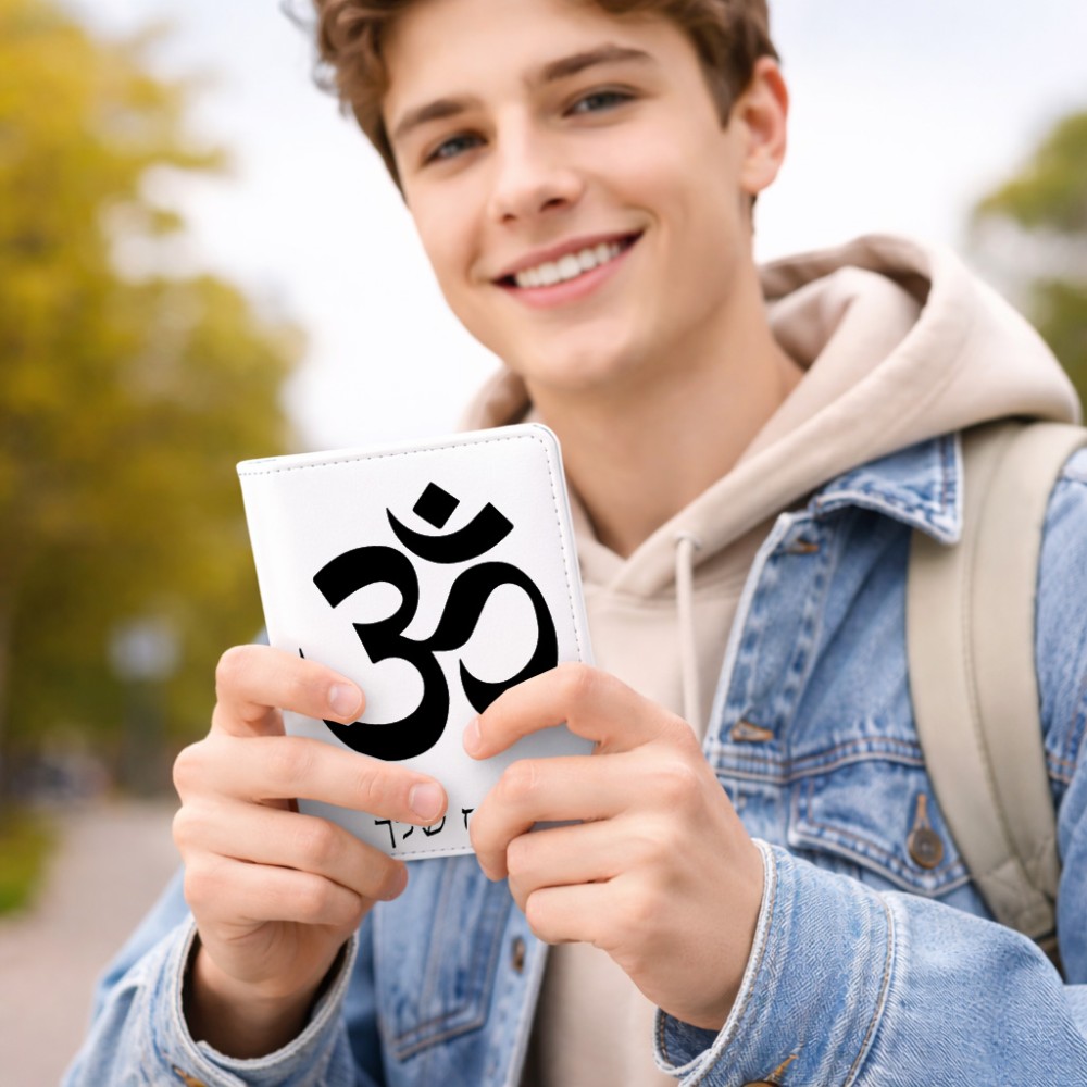 כיסוי דרכון ת.ז ארנק צבע פנימי אפור בעיצוב אישי עם השם שלך בעיצוב סמל אום גודל 10 × 14.4 ס"מ