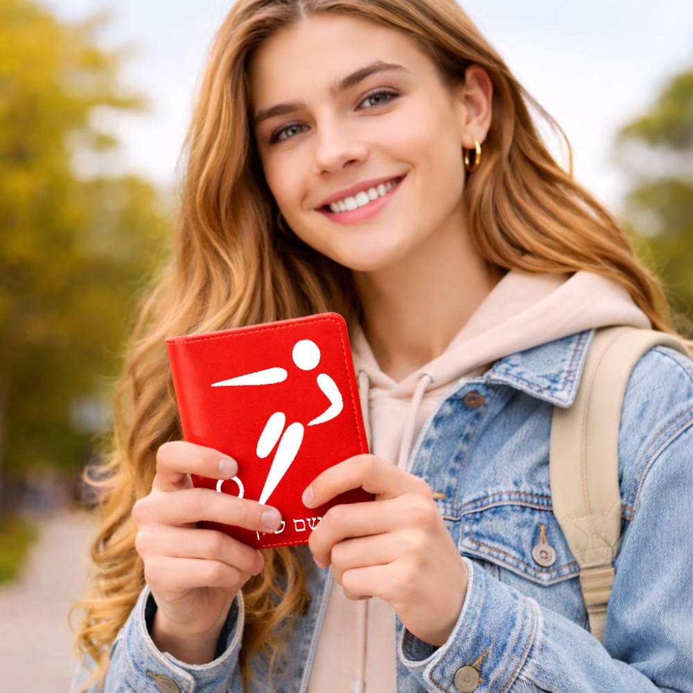 כיסוי דרכון ת.ז ארנק צבע פנימי אפור בעיצוב אישי עם השם שלך בעיצוב כדורגל אולימפי גודל 10 × 14.4 ס"מ